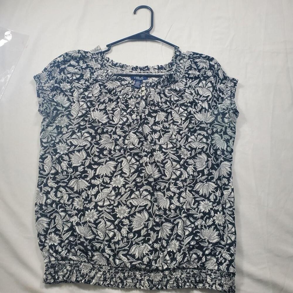 Chaps Women's Black and White Blouse with Elastic bottom sz L